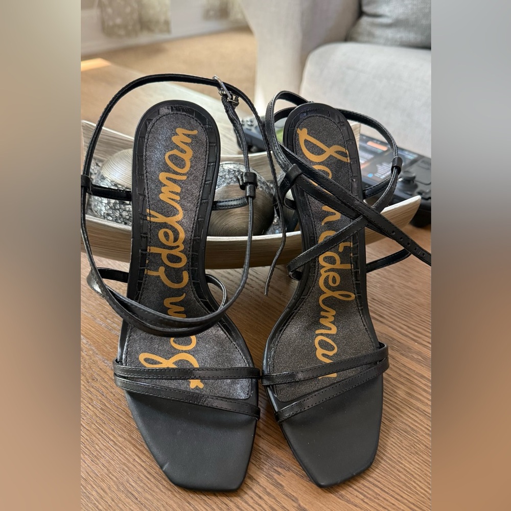 MWOT Sam Edelman Leeanne Sandals Black Leather Heels Strap - 3.2 Inches Heel